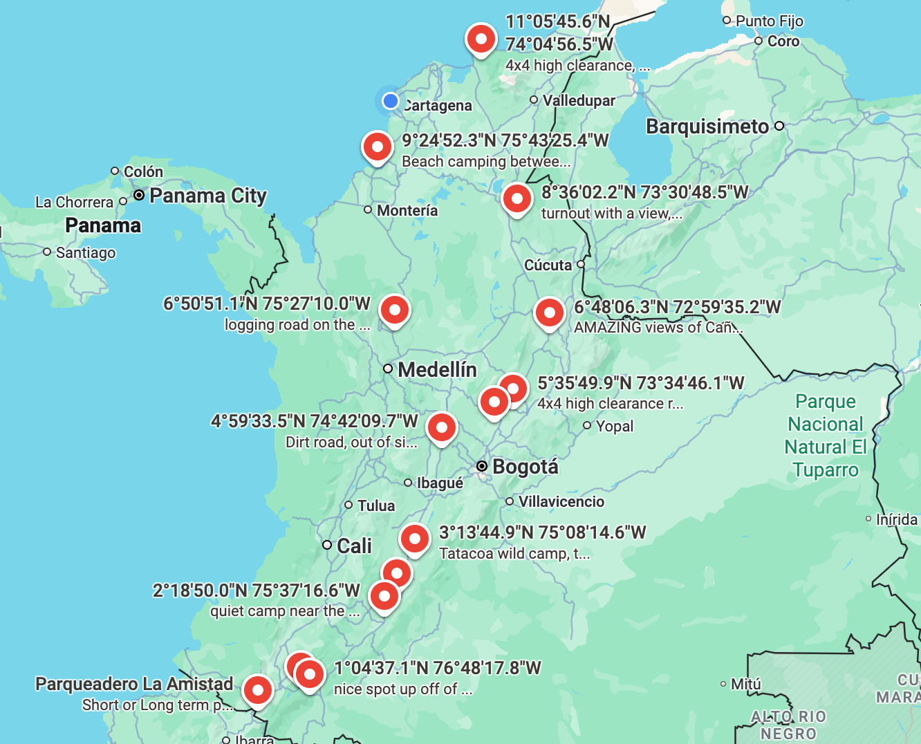 Map of Colombia best wild camps