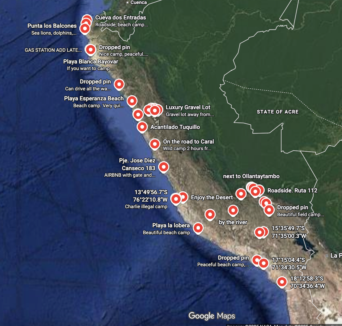 Peru map with camp spots